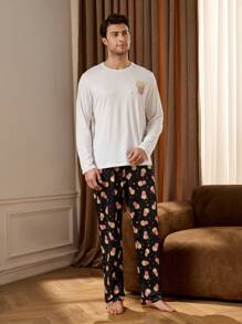Notgurli 1 Set Men's Popcorn Print Long Sleeve Lounge Top And Pants Pajama Sets - Black and White - View 7