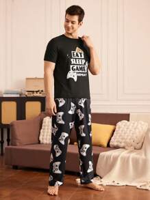 Men's Pajama Set, Printed Short Sleeve Top And Long Pants - Multicolor - View 6