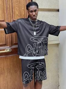 Manfinity VCAY 男士数码印花宽松针织短袖T恤套装，适合夏季 - 黑色 - 查看 5