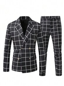 Manfinity Mode Stylish Men's Grid Pattern Two-Piece Suit Set In Black And White - Multicolor - View 4