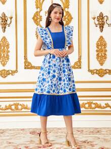 SHEIN Leap Crew Elegant Patchwork Mini Ditsy Floral Decor Flared Dress With Cap Sleeves For Teen Girls, Blue - Navy Blue - View 4