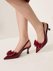 CUCCOO CHICEST Women's Elegant Gold Chain Buckle Design Pointed Toe Stiletto Heel Mid-Heel PU Leather Mule Pumps, Suitable For Date, Office, Afternoon Tea, Graceful Outfits, Valentine's Day - Burgundy - View 7