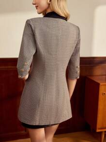 Vintamour 复古经典优雅女式修身3/4袖格子薄款西装外套，撞色金属纽扣夹克，春夏情人节商务休闲女式教堂服装女装 - 咖啡棕 - 查看 2