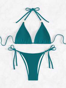 SHEIN Swim 夏季简约时尚休闲日常比基尼 - 水鴨藍 - 查看 7