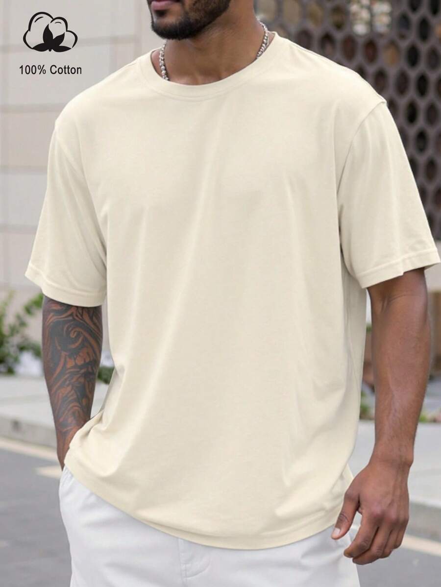 Manfinity Homme Áo thun nam cổ tròn tay ngắn trơn cỡ lớn thường ngày - Màu Khaki - Xem 1