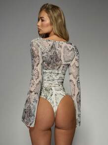 MISSGUIDED Long Sleeve Mesh Snake Print Beach Cover Up Bodysuit Sheer Swimsuit Cover Up Bell Sleeve Beachwear Resort Wear Vacation Pool Party Festival