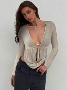 Aloruh Vrouwen V-hals effen kleur lange mouwen sexy mode T-shirt
