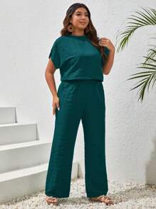 SHEIN VCAY Camiseta con mangas tipo murciélago y pantalones anchos de verano talla grande - Agua verde azul - Ver 4