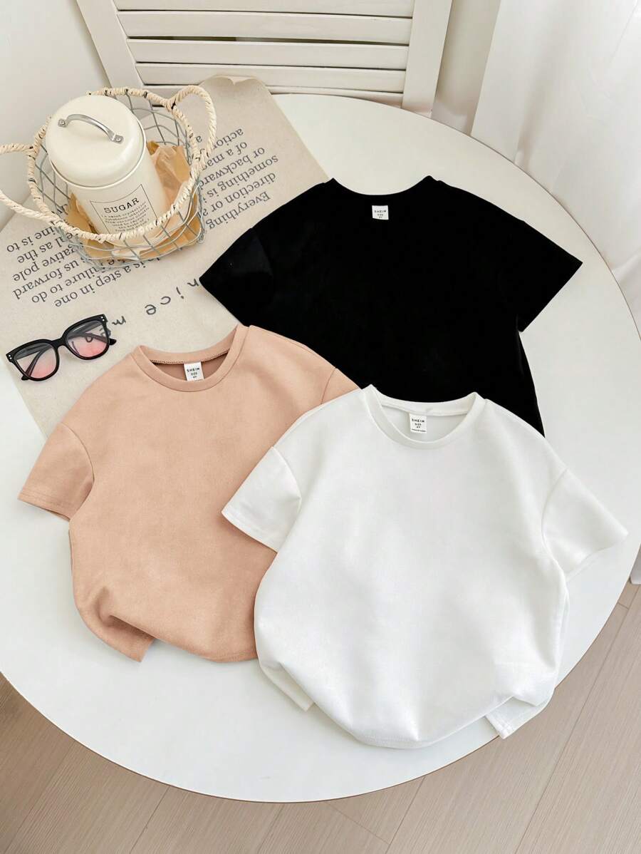 SHEIN Leap Crew 3 件儿童夏季休闲韩版纯色宽松圆领短袖 T 恤，高性价比服装，适合外出、街头装、派对 - 黑與白 - 查看 1