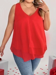 SHEIN CURVE+ CURVE PLUS /Valentine's Day/Plus Size Women's Solid Color Hem Asymmetric Multi-Layer Design Sleeveless Top Boho Vacation - Red - View 1