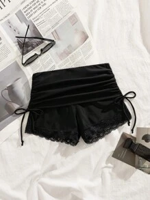 Swim EVENT Black Lace Patchwork Drawstring Shorts, Tight Fit For Party, Music Festival, Casual, Beach, Summer Women - Black - View 2