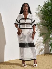 Slaydiva 2pcs Women Sets: Solid Color Patchwork Short Sleeve Top And Skirt - Black and White - View 4