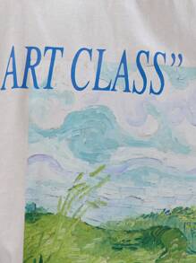 Musero Camiseta de manga corta con cuello redondo, hombros caídos y gran estampado gráfico con el lema "ART CLASS", una prenda esencial para la y el verano - Albaricoque - Ver 5