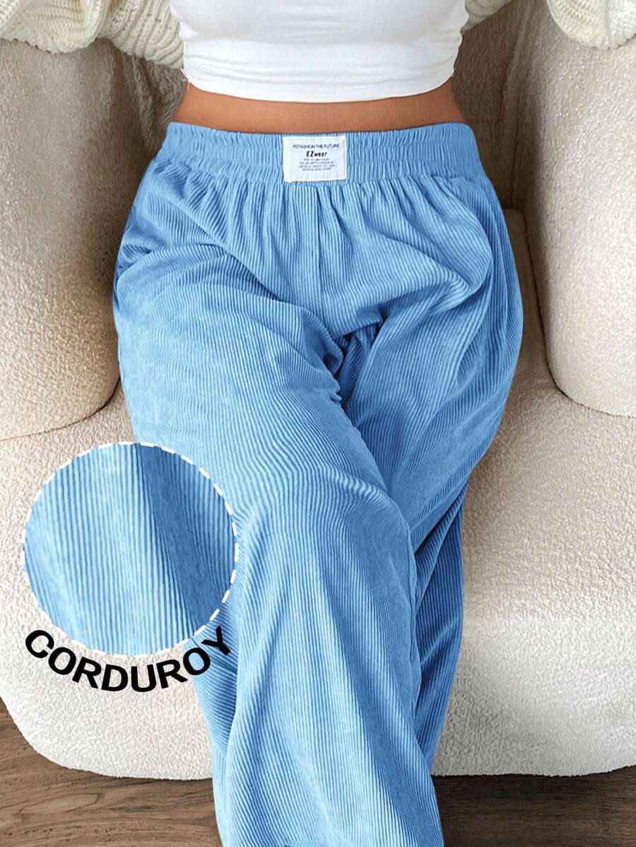 SHEIN EZwear Quần Cargo cạp cao mùa hè cỡ lớn cho nữ có túi và thiết kế miếng vá, vải nhung kẻ, phù hợp mặc ở trường học, mặc hàng ngày và làm việc trong nhà, mùa thu/đông - Màu xanh lam - Xem 1