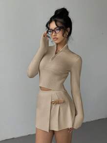 Aloruh 2 件套女式纯色前拉链长袖毛衣和迷你裙 - 卡其色 - 查看 3