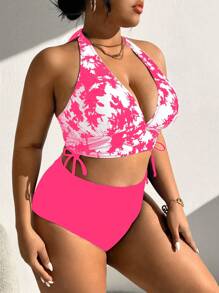 Slaydiva Plus Size Tie-Dye Print Halter Neck Top And Solid Color Triangle Bikini Set Bottom Bikini Set, High Waisted Swimwear Bathing Suit Beach Outfit Summer Vacation,Summer Beach