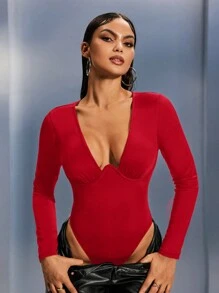 SHEIN SXY One Piece Clothing Solid Color Sexy Deep V Neckline Slim Fit Bodysuit, Suitable For Underwear Or Outerwear, Date Night, Birthday, Bachelorette Party Outfit, Casual, Shopping, Street Wear, Going Out, Flirty, Easy To Match And Look Slim, Highlight Your Figure, Show Your Body - Red - View 5