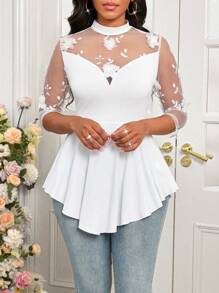 SHEIN Lady 白色提花网眼拼接荷叶边下摆设计修身优雅女式 T 恤 - 白色 - 查看 3