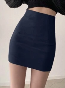 DAZY 女士纯色修身半身裙，优雅，四季皆宜，铅笔裙，秋季半身裙 - 藏蓝色 - 查看 5