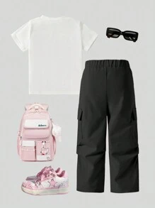 SHEIN Young Girl Crew Neck Short Sleeve Letter Print Casual Top And Cargo Pants Set - Black - View 2
