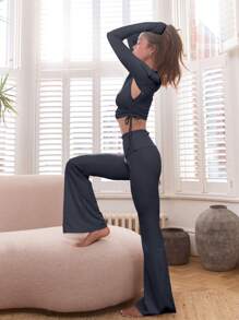 Musera Sport Fold Over Flare Active-Wear Yoga Pilates Trousers ,Padel, Tennis, Pickleball Gym Fitness - Dusty Blue - View 1