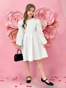 SHEIN 青少年女孩编织纯色灯笼袖长袖背面拼色蝴蝶结装饰收腰优雅连衣裙，返校，通勤娇小女士，白色连衣裙，春季旅行和度假，公主裙 - 白色 - 查看 4