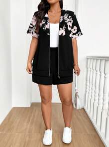 SHEIN LUNE Plus Summer 2pcs/Set Floral Print Front Zipper Casual Loose Top And Shorts - Multicolor - View 6