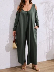 Breezaya Mono ancho con pliegues de unicolor talla grande, mono con hombros descubiertos y mangas acampanadas, ropa de talla grande para mujer