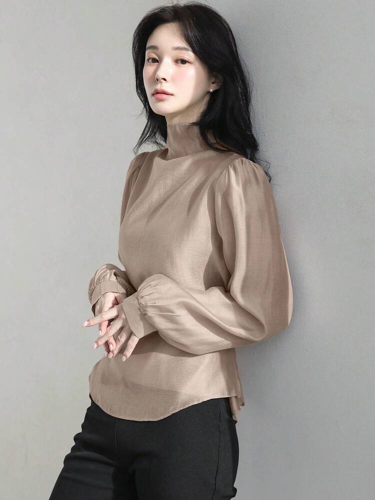 Women's High Neck Ruched Tie-Waist Long Sleeve Blouse,Fall Clothes