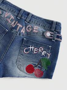 ROMWE Kawaii Cute Vintage American Cherry Embroidery Fringed Low Waist Mini Denim Shorts For Women, Suitable For Summer Concert, Festival, Beach Vacation