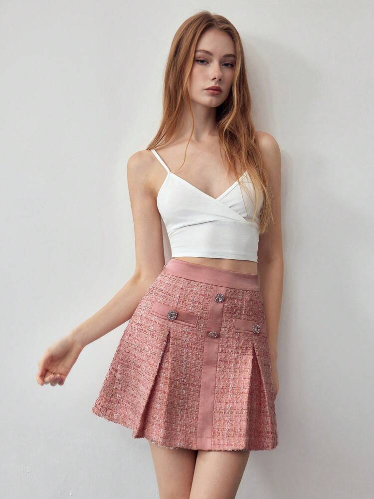 MOTF STUDIO TWEED BUTTON DECOR SKIRT,SPRING/SUMMER