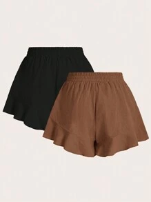 Elaquor 2 Pcs/Set Plus Size Solid Color Shorts With French Ruffle Hem Spring To Summer - Brown - View 2