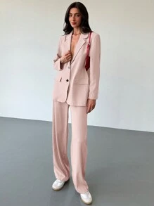 Aloruh 年轻女士简约通勤灰色纹理超大宽松长袖西装外套 - 淺粉色 - 查看 4