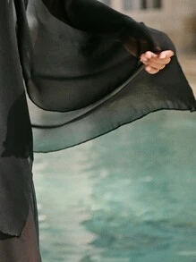 Swim Mulvari 夏季女式纯色长袖简约长款罩衫，休闲度假装 - 黑色 - 查看 6