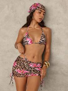 SHEIN Swim 2 piezas Conjunto de bikini con escote halter sexy para mujer, con estampado de leopardo y floral, para el atuendo del festival de música 2025, para vacaciones en la playa de verano