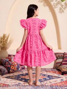 SHEIN 1pc Tween Girl Ruffled Cap Sleeve Large Bow Cutout Floral Print Vacation Dress, Suitable For Outdoor Holiday, Spring/Summer,Holiday Summer Travel - Hot Pink - View 2