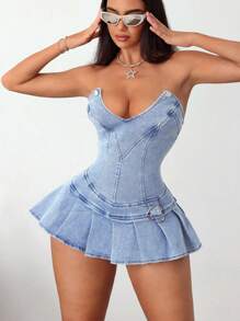 SHEIN ICON Women's Button Front Mini Ruched Casual Denim Dress - Blue and White - View 4