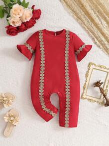 Áo liền thân dài tay cổ tròn màu trơn cho bé gái kiểu dáng thường ngày - Màu Đỏ Sâu - Xem 1