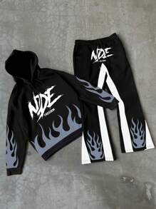Manfinity EMRG 2pcs/Set Men Letter Flame Print Hoodie Sweatshirt And Flared Pants - Black - View 1