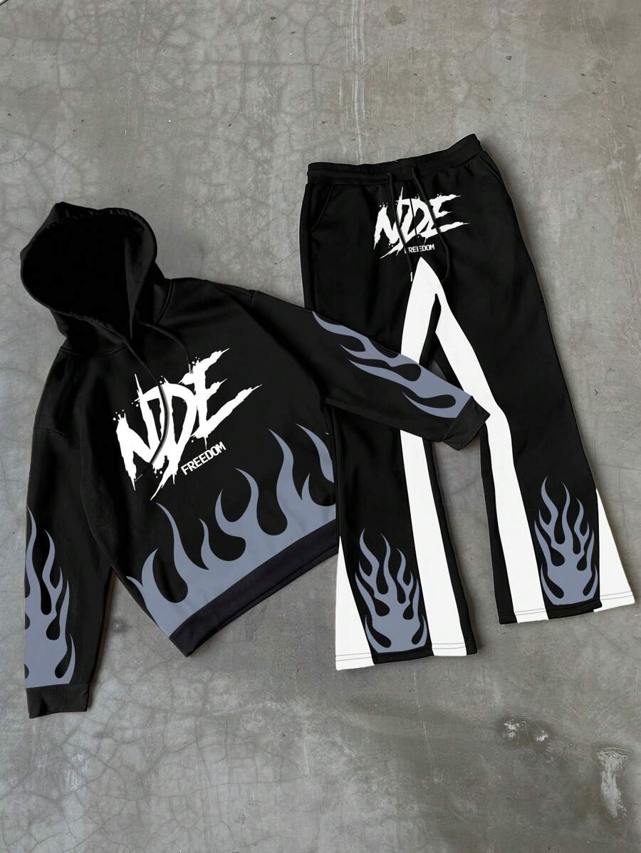 Manfinity EMRG 2pcs/Set Men Letter Flame Print Hoodie Sweatshirt And Flared Pants - Black - View 1