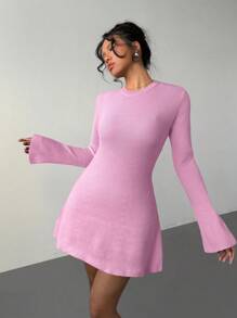 Aloruh 1 件女式喇叭袖粉色长袖针织毛衣连衣裙，新品秋冬