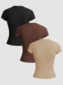 SHEIN Velisys Áo thun thể thao trơn màu liền mạch, thoải mái và thời trang để mặc hàng ngày Áo thun bó sát tập gym cho nữ - Nhiều màu - Xem 3
