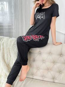 Women English Slogan Print Simple Top And Long Pants Pajama Set - Multicolor - View 6