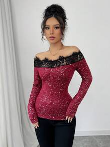 Chiquease 女士亮片面料拼布花卉边饰修身性感露肩 T 恤 - 紅色 - 查看 5