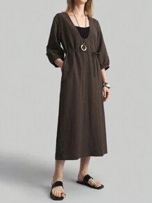 Ontre Women Short Sleeve Round Neck Simple Elegant Straight Long Dress - Chocolate Brown - View 5