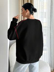 RueChic Cotton Red Heard Embroidered White Sweatshirt With Red Piping At Sleeves - Black - View 2