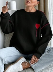 RueChic Cotton Red Heard Embroidered White Sweatshirt With Red Piping At Sleeves - Black - View 4