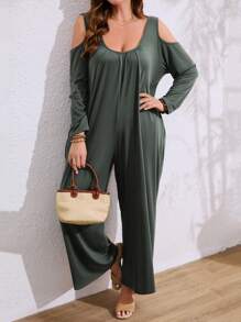 Breezaya Mono ancho con pliegues de unicolor talla grande, mono con hombros descubiertos y mangas acampanadas, ropa de talla grande para mujer