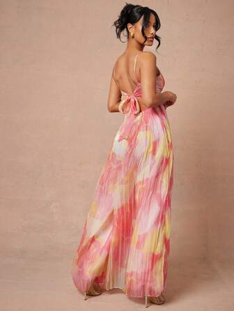 L'Amorae 春季抽象印花深 V 领褶皱连体裤