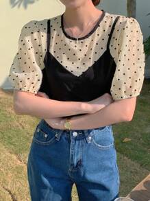 DAZY Women's Cute Polka Dot Patchwork Short Sleeve 2 In 1 Blouse